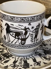 GREECE CUP & SAUCER demitasse SIGNED Handmade Chariots Gods SET OF 2 Pair