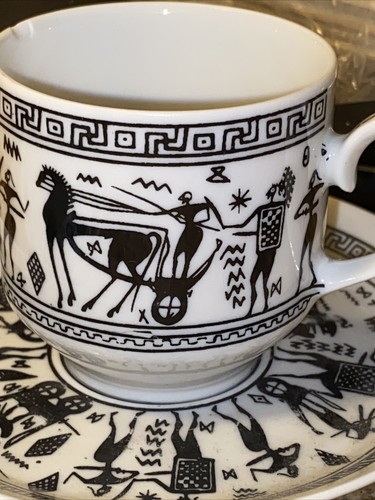 GREECE CUP & SAUCER demitasse SIGNED Handmade Chariots Gods SET OF 2 Pair