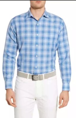 Peter Millar Shirt Mens Size Medium Whitehaven Seaside Linen Silk Cotton Plaid