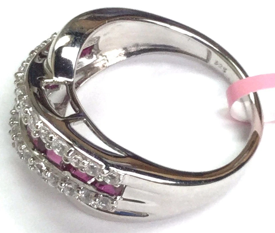 Sterling Silver 925 Princess Pink Ruby CZ Cluster Wave Split Band Cocktail Ring  - Image 3 of 4