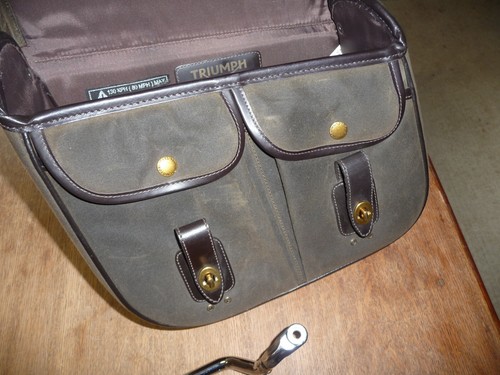 Triumph 02-16 Air Cooled Scrambler OEM Left Hand Waxed Cotton Saddlebag complete - Picture 8 of 22