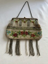 Antique floral beaded purse red roses glass seed beadwork read