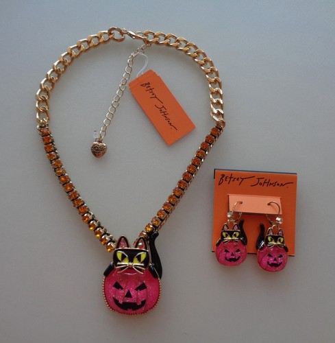 Betsey Johnson Statement Necklace Earrings Halloween Jack-O-Lantern Pumpkin Cat