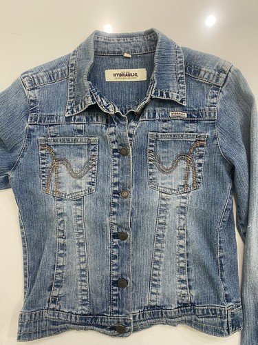 HYDRAULIC Girl's L Cropped Stretch DENIM BLUE JEAN JACKET Distressed Cute ! - Picture 2 of 7