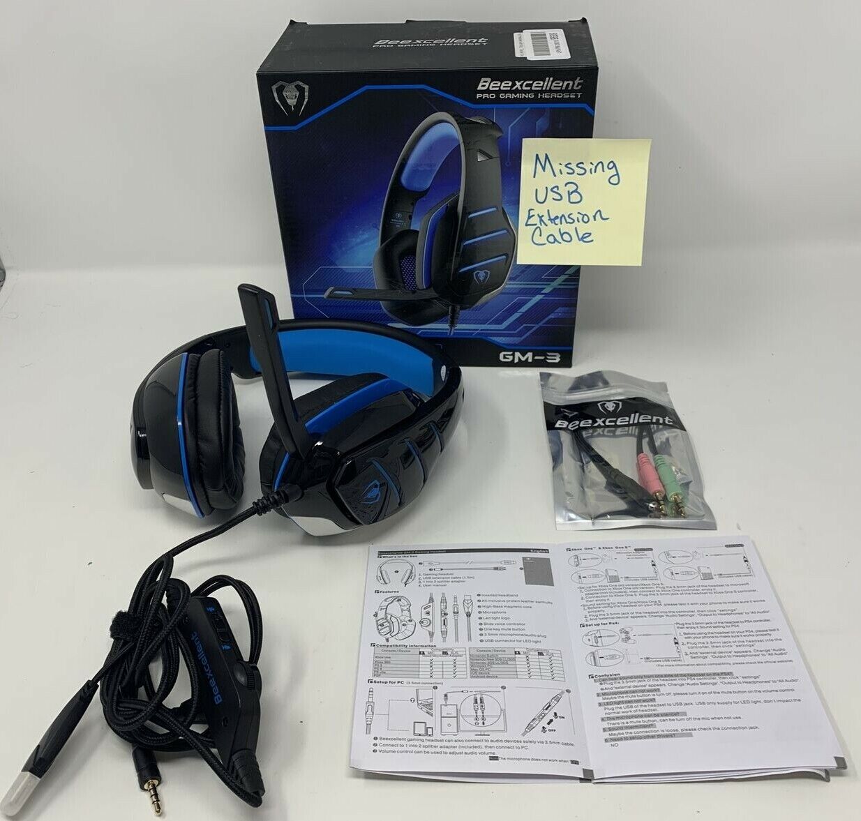 Beexcellent GM-3 Pro Wired Gaming Headset with Mic, Black/Blue