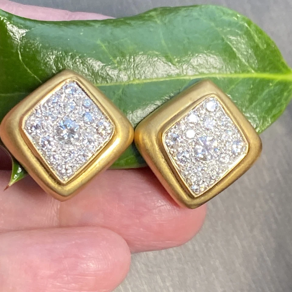 Vintage Diamond Earrings Omega Backs Clip-On Estate Fine Jewelry Pre-Owned 18K - Image 3 of 4