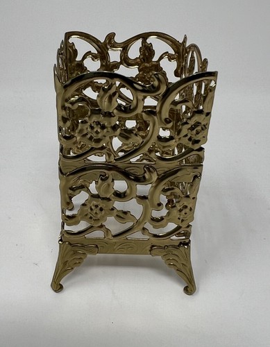 Vintage Vanity Perfume Bottle Floral Filigree Gold Color 4.75" Tall w/ Legs - Picture 2 of 7