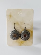 Flower Design on Round Silver Tone Dangle Earrings