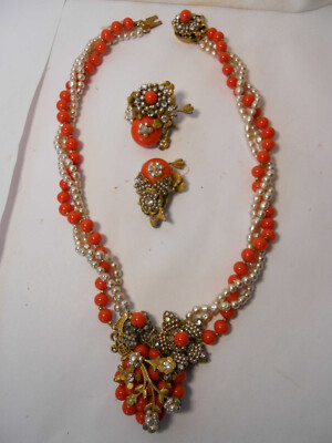 Miriam Haskell Faux CORAL PEARL NECKLACE PIN PENDANT SET Signed 1940s NJ Seller