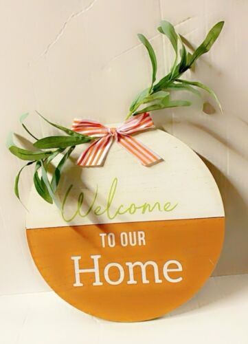 Welcome to Our Home Printed Wood Hanging Sign W/ Artificial Greenery ~New - Picture 1 of 1