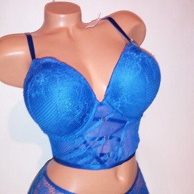 Victoria Secret Bra Set Bombshell Push Up Cheeky Panty Blue Lace Long Line New
