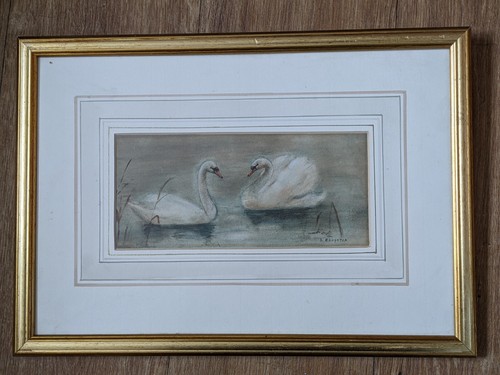 Antique 19th C Original watercolour painting signed by D Houghton Swans - Picture 2 of 18