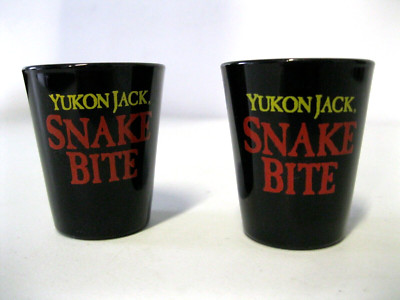 Lot Of 2 YUKON JACK ''SNAKE BITE'' Black Glass Shot Glasses