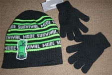 Boys MINECRAFT Creeper Winter Beanie Hat  Gloves OSFM Black Green Gray NWT