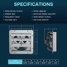 10 Inch Wall Mounted Shutter Exhaust Fan for Attic Garage Louvered Vent Silver