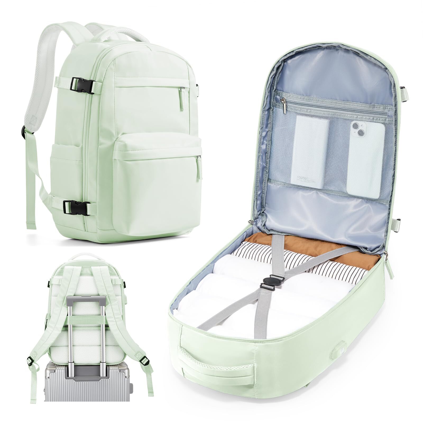 Waterproof USB Charging Green Travel Backpack for Laptop Carry-On-image