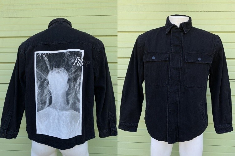 New ZARA BLACK DENIM JACKET Back print FUTURE Zipper front
