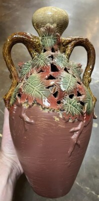 Vintage Palissy Ware Majolica Fall Foliage Reticulated Vase. Appraisal In Pics