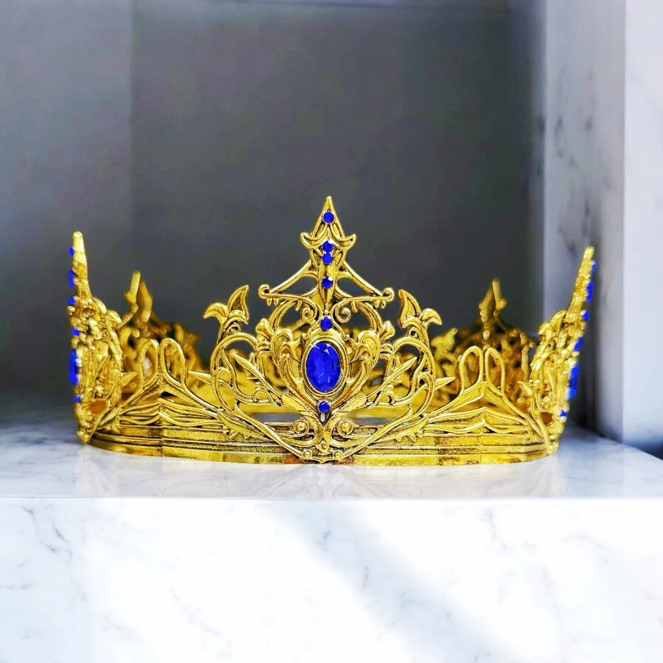 Corona renacentista, cosplay corona de oro, corona de piedra azul príncipe, utilería teatral Foto 3 de 4