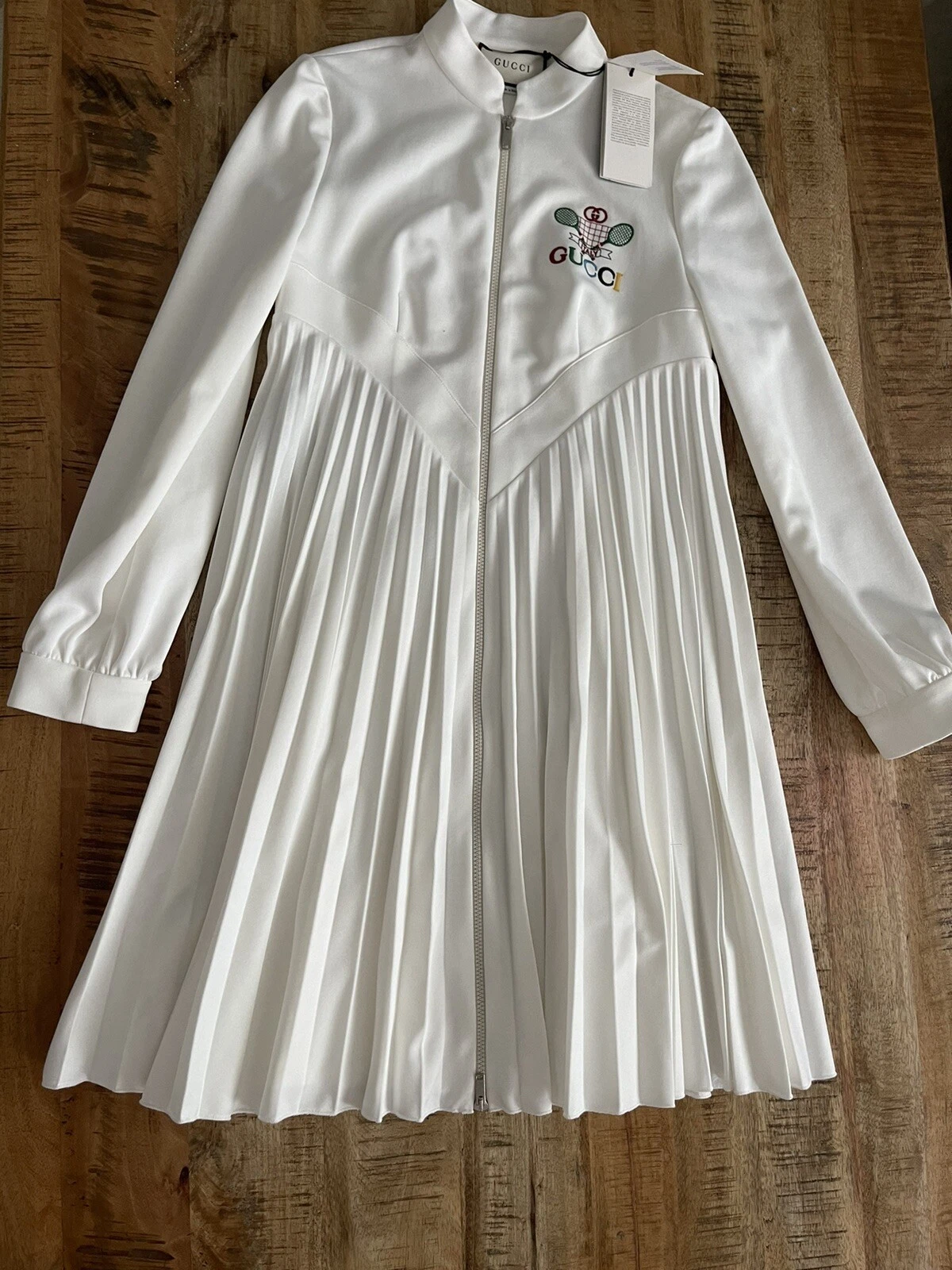 Abito da tennis ORIGINALE GUCCI GUCCI Maglia Tecnica Ricamata Bianco Pieghe M NUOVO