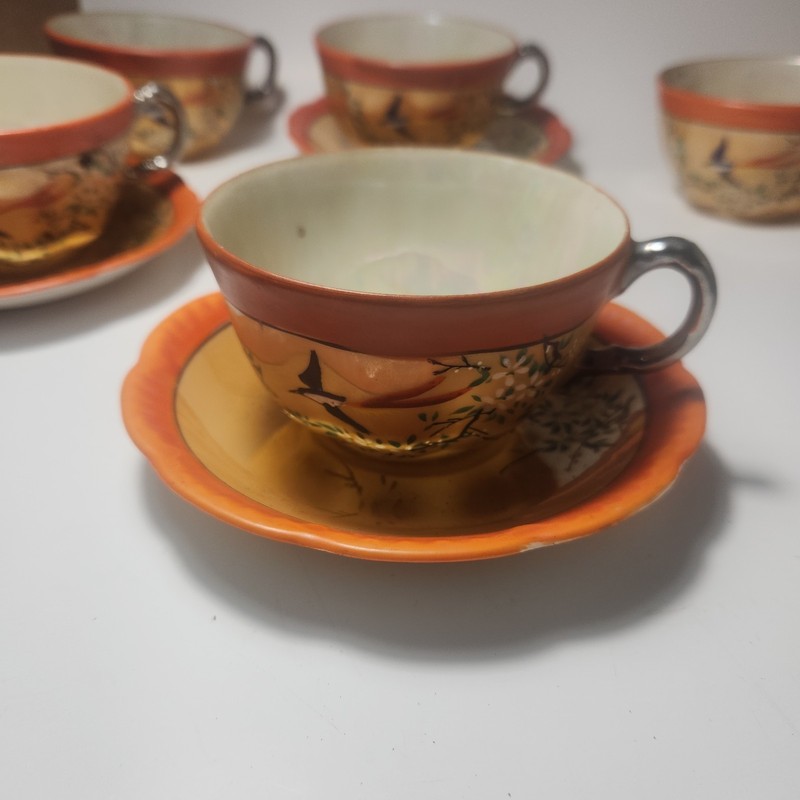 Gold Castle Japanese Luster Ware Hand Painted Cup & Saucer Bird Cherry Blossoms