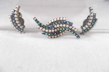 VTG Crescent Shapes Milk Glass AB Rhinestones Brooch & Clip Earring Set