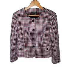 Talbots Blazer Jacket Women's 12 Red Green Wool Blend Houndstooth Plaid Preppy
