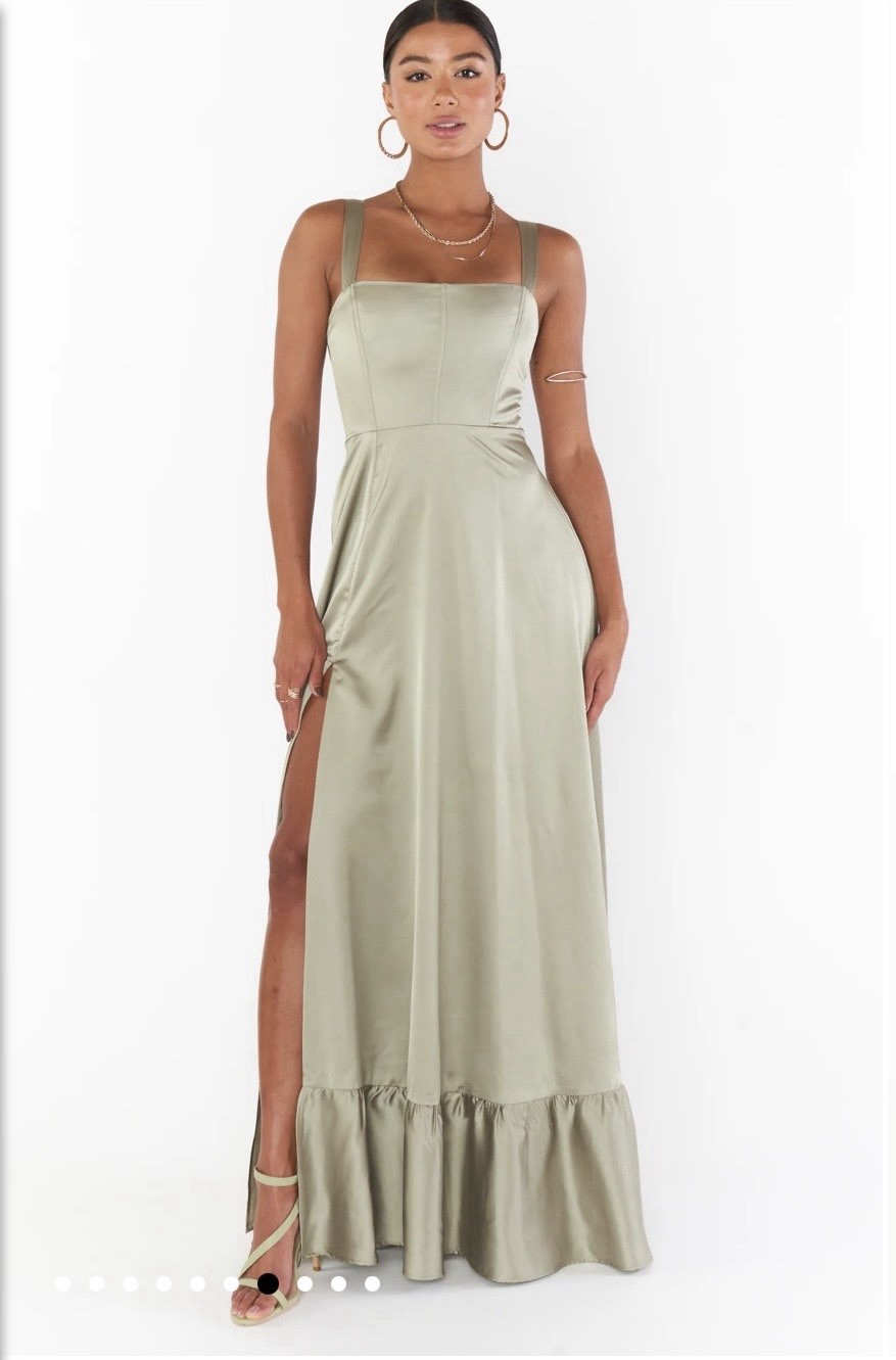 Show Me Your Mumu NWT Clarissa Corset Dress in Moss Green Luxe Satin Sz Med