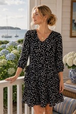 Talbots Petite Black White Floral V-Neck Fit Flare Dress 16P NWT Classic