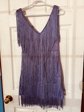 Purple Fringe Sleeveless Party Dress V-Neck Short Size M
