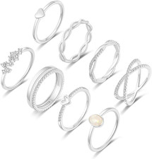 8PCS 14K Gold/Silver Rings Set for Women Non Tarnish Dainty CZ Simulated Diamond