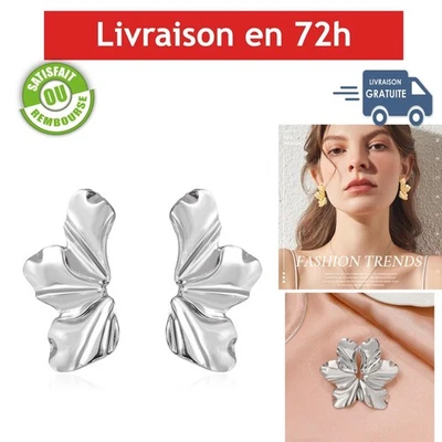 Boucles d'oreilles pendantes fleur argentées femme bohème - Photo 1/4