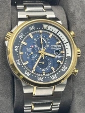 Citizen Eco-Drive Chronograph Solar Quartz WR200 Blue/gold Box and Papers NOS