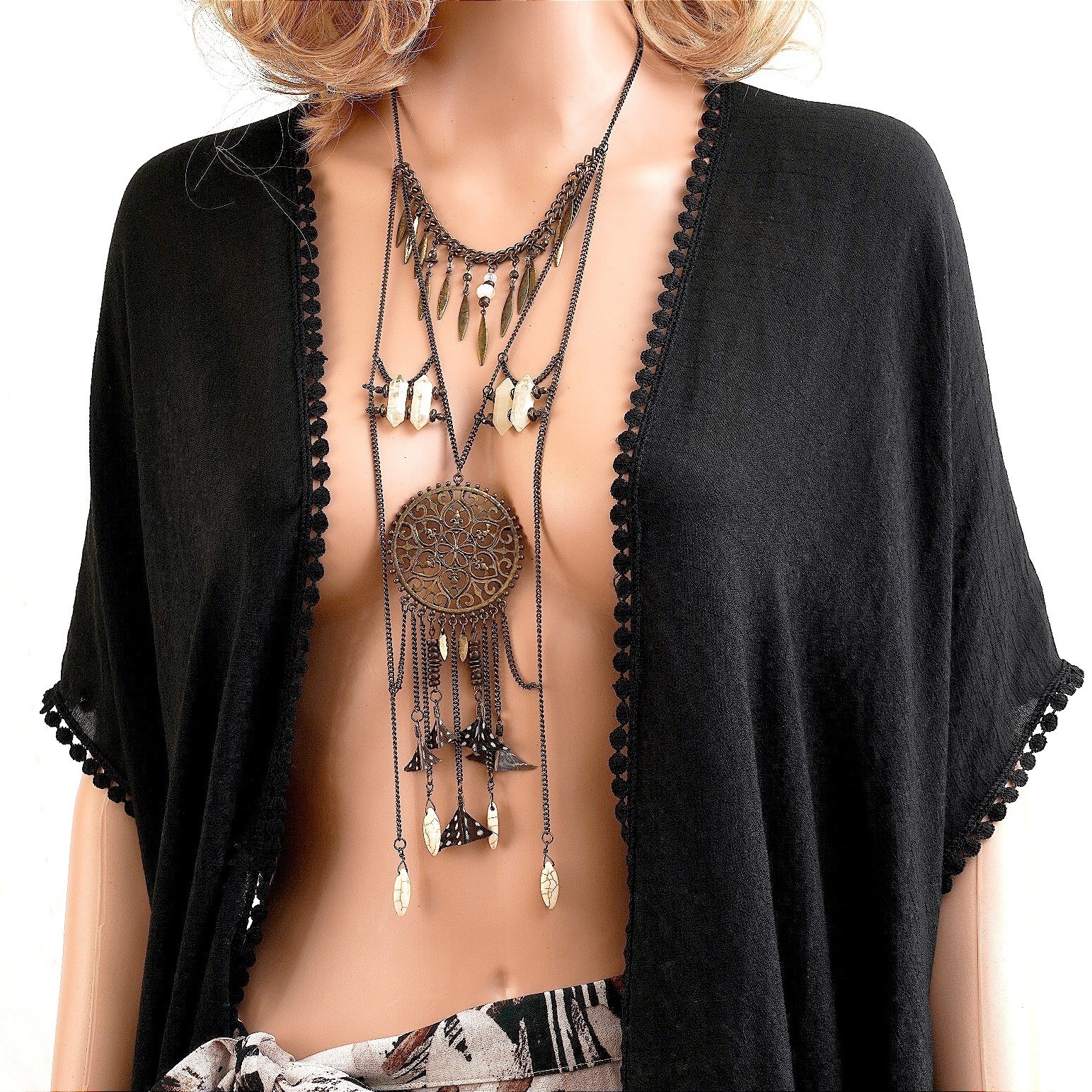 Boho Multi Layered Statement Necklace Bronze Fili… - image 1