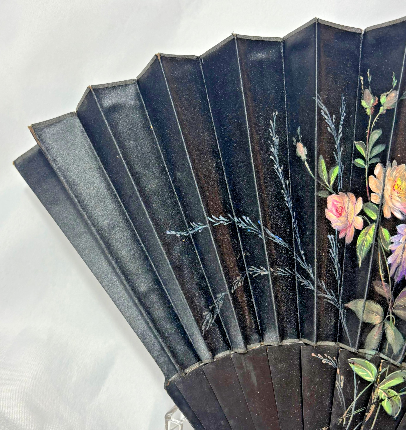 Victorian Mourning Fan Folding Black Satin Painted Flowers & Foliage Black Wood