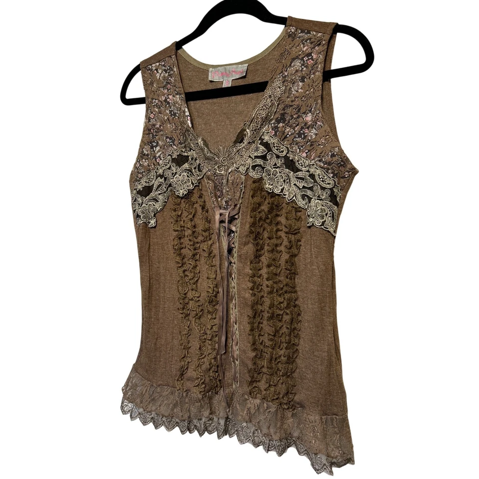 Camiseta sin mangas Pretty Angel corsé de encaje marrón jaspeado mezcla de seda talla pequeña Foto 3 de 4