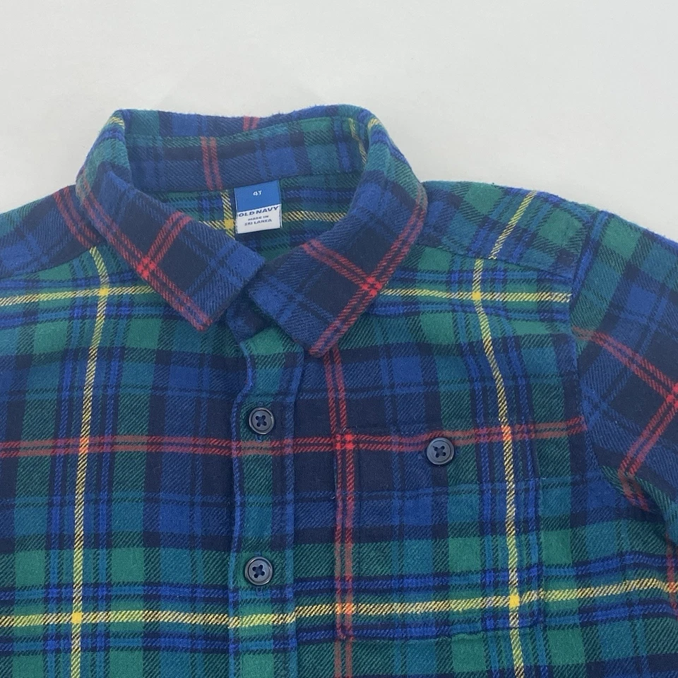 Camisa de franela con botones manga larga a cuadros roja verde talla 4T azul marino antigua Foto 4 de 4