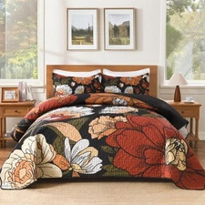 Floral Boho Quilt King Size Bedding Set Black, 3 Pieces Farmhouse Flower Bota...