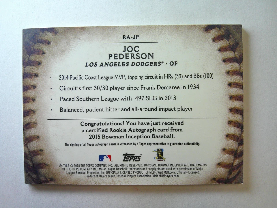 Joc Pederson 2015 Topps Inception RC Auto /50 LA Dodgers RA-JP - Image 3 of 3