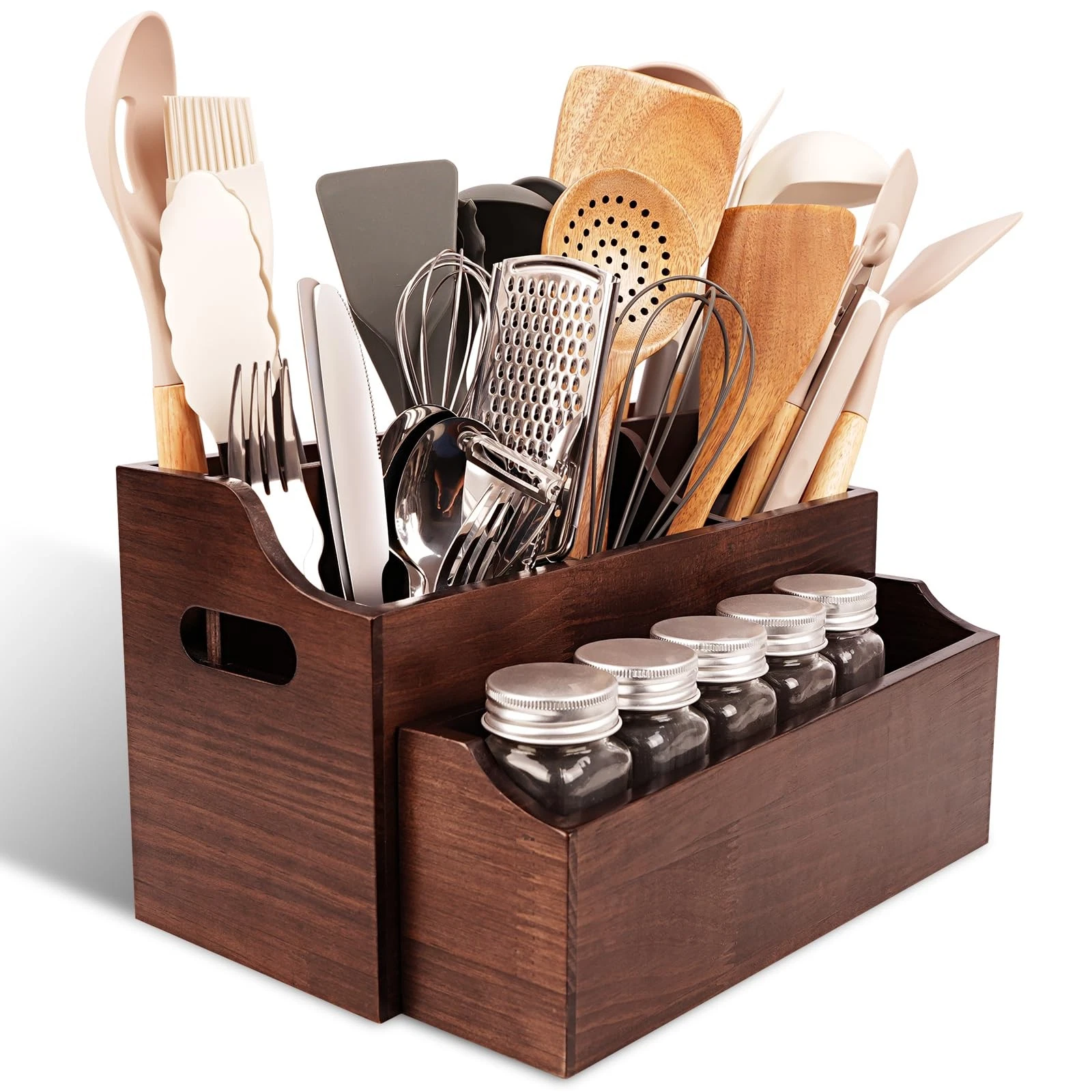 Wooden Kitchen Utensil Holder for Countertop, Large Utensil Organizer with Re...