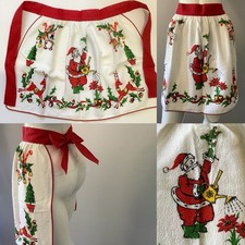 Vintage 1950  s Christmas Half Apron w/ Santa Watering Poinsettias Deadstock MINT