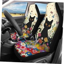 2PCS Waterproof Front Seat Covers, Hippie Floral Black Cat Boho Floral Cat