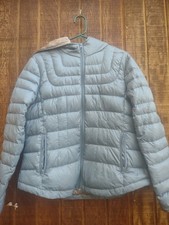 Women  s Blue Short Puffer Jacket Hooded Quilted Full Zip Long Sleeve Solid