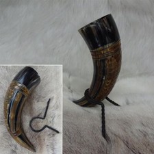 # Hand Carved Dragon Scaled Medieval / Viking Drinking Horn & Iron Rack / Stand