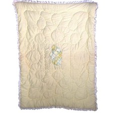 Vintage Yellow Cotton Baby Quilt Lace Trim Applique Squirrel 31  x42  Plaid Back