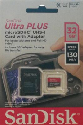 SanDisk Ultra Plus MicroSDHC UHS-I Card With Adapter 32 GB Speed Up To 130 MB/S