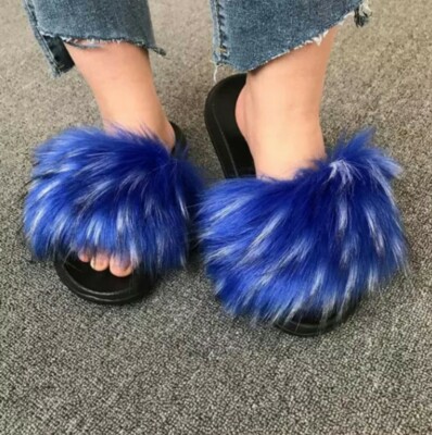 Women's Blue Fur Slides Slippers Sandals Summer Shoes Size 5-5 1/2