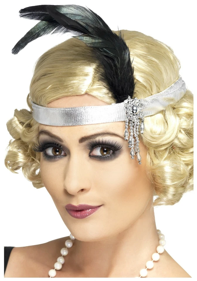 Flapper Feather Headband Black Or Silver Costume Headband W/ Beads - Image 2 of 2