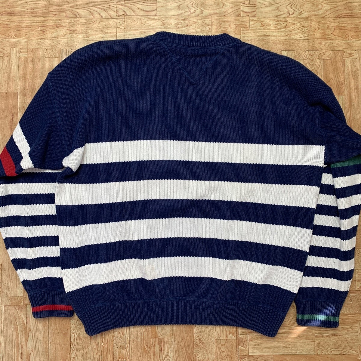 VTG Eddie Bauer XL Striped Sweater Blue White Red Green Knit 