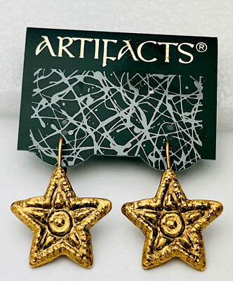 Vintage Signed J J Jonette 1980s Brass Finish Star Lever Back Pierced Earrings